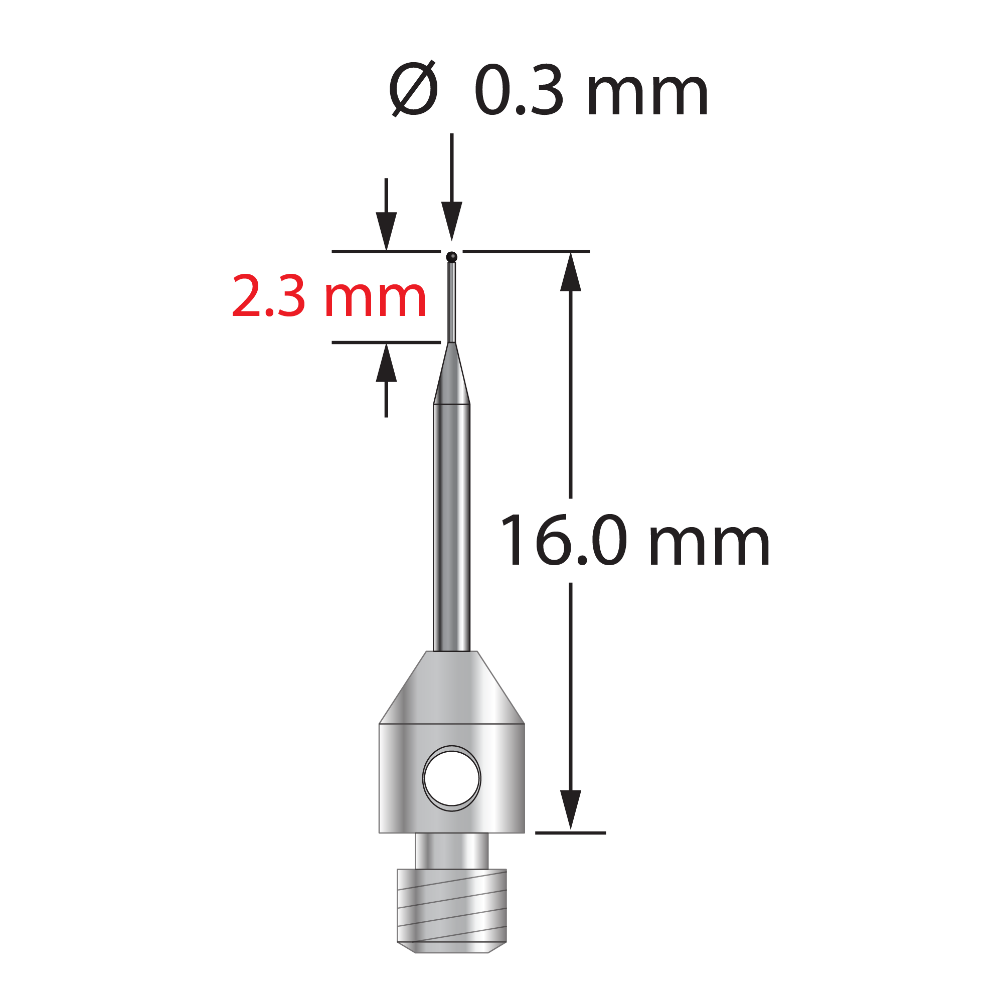 TM3-0316-SN M3 stylus, 0.3mm silicon nitride ball, tapered carbide stem, stainless steel base, 16mm long by Q-Mark Manufacturing, Inc.