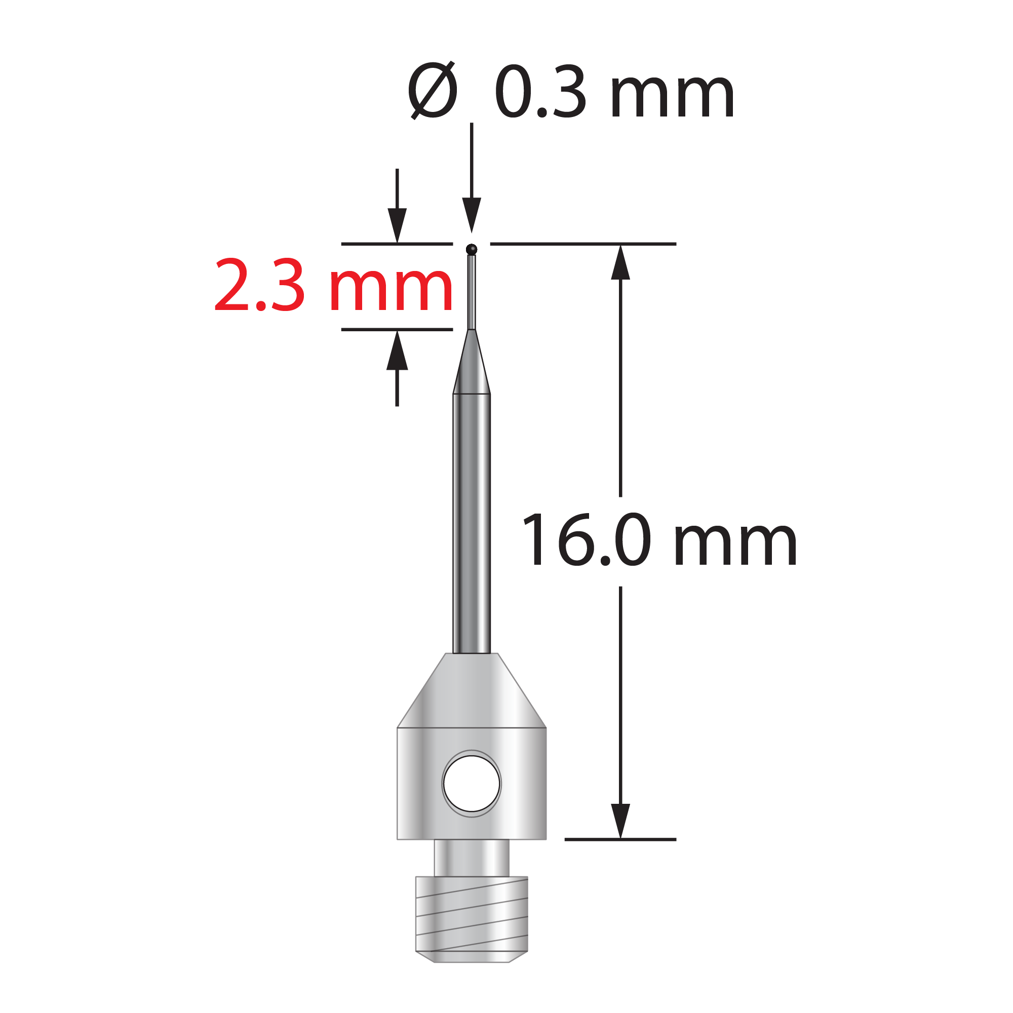 M3 stylus with 0.3 mm diameter silicon nitride ball, tapered carbide stem, and 4.0 mm diameter x 5.0 mm long stainless steel base. Minor stem diameter is 0.2 mm; major diameter is 1.0 mm. Overall stylus length is 16.0 mm. Weight is 0.50 gram. Compare to Zeiss 626123-5245-016.