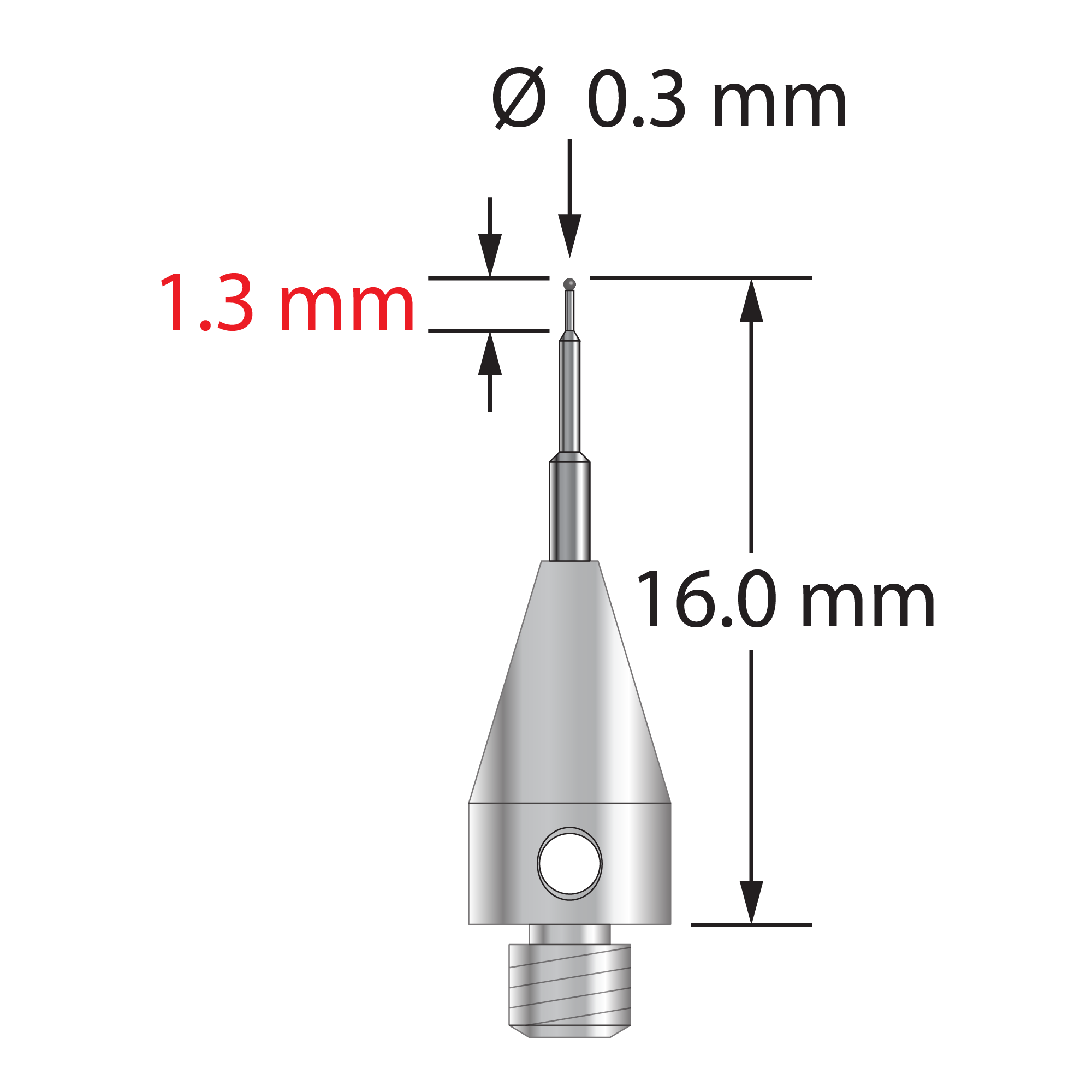 TM3-0316-TX-C M3 0.3mm carbide ball stylus with tapered carbide stem, titanium base, 16mm long by Q-Mark Manufacturing, Inc.