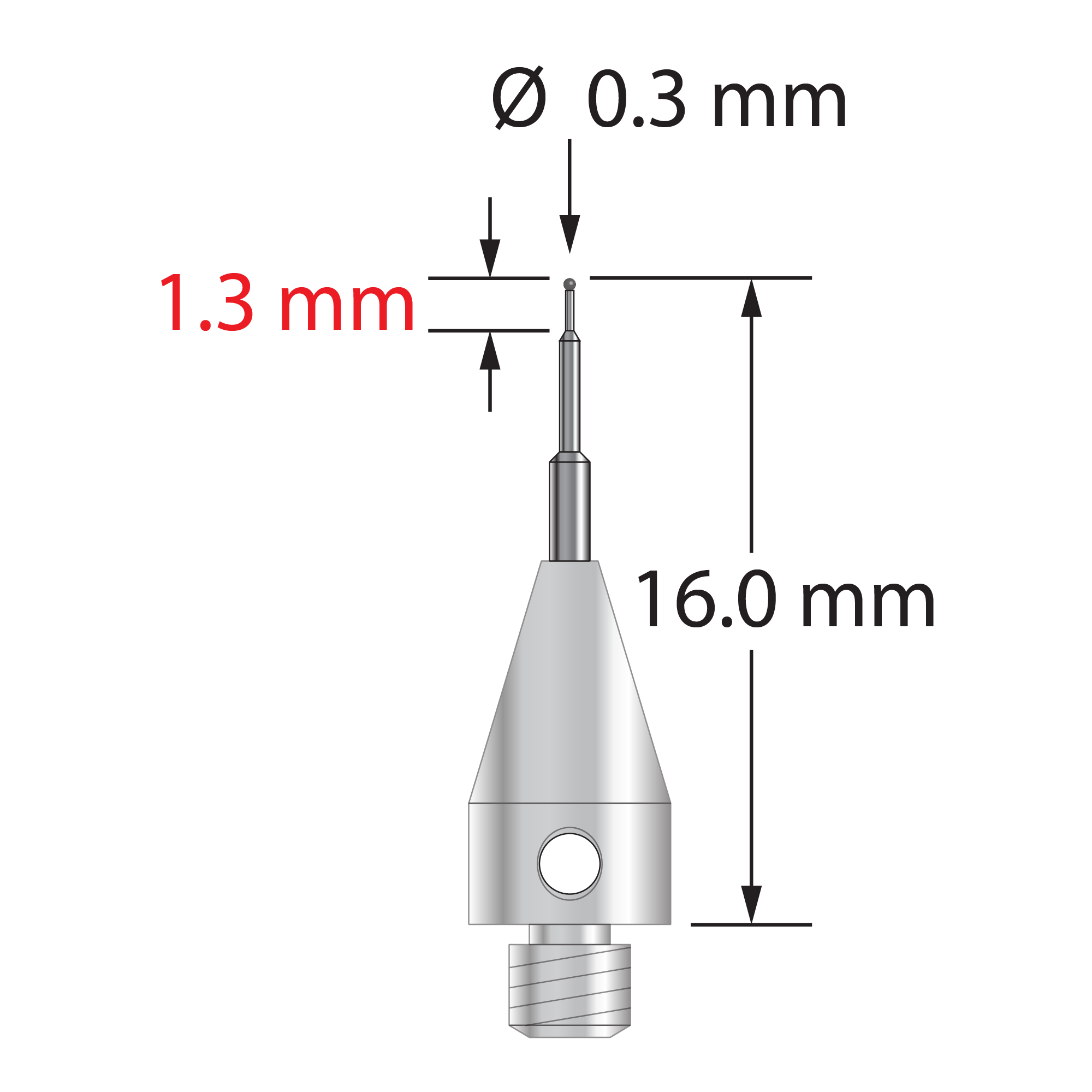 M3 XXT stylus with 0.3 mm diameter carbide ball, tapered carbide stem, and 5.0 mm diameter x 9.0 mm long titanium base. Minor stem diameter is 0.2 mm, intermediate diameter is 0.5 mm, and major diameter is 1.0 mm. Overall stylus length is 16.0 mm. Stylus weight is 0.50 gram.