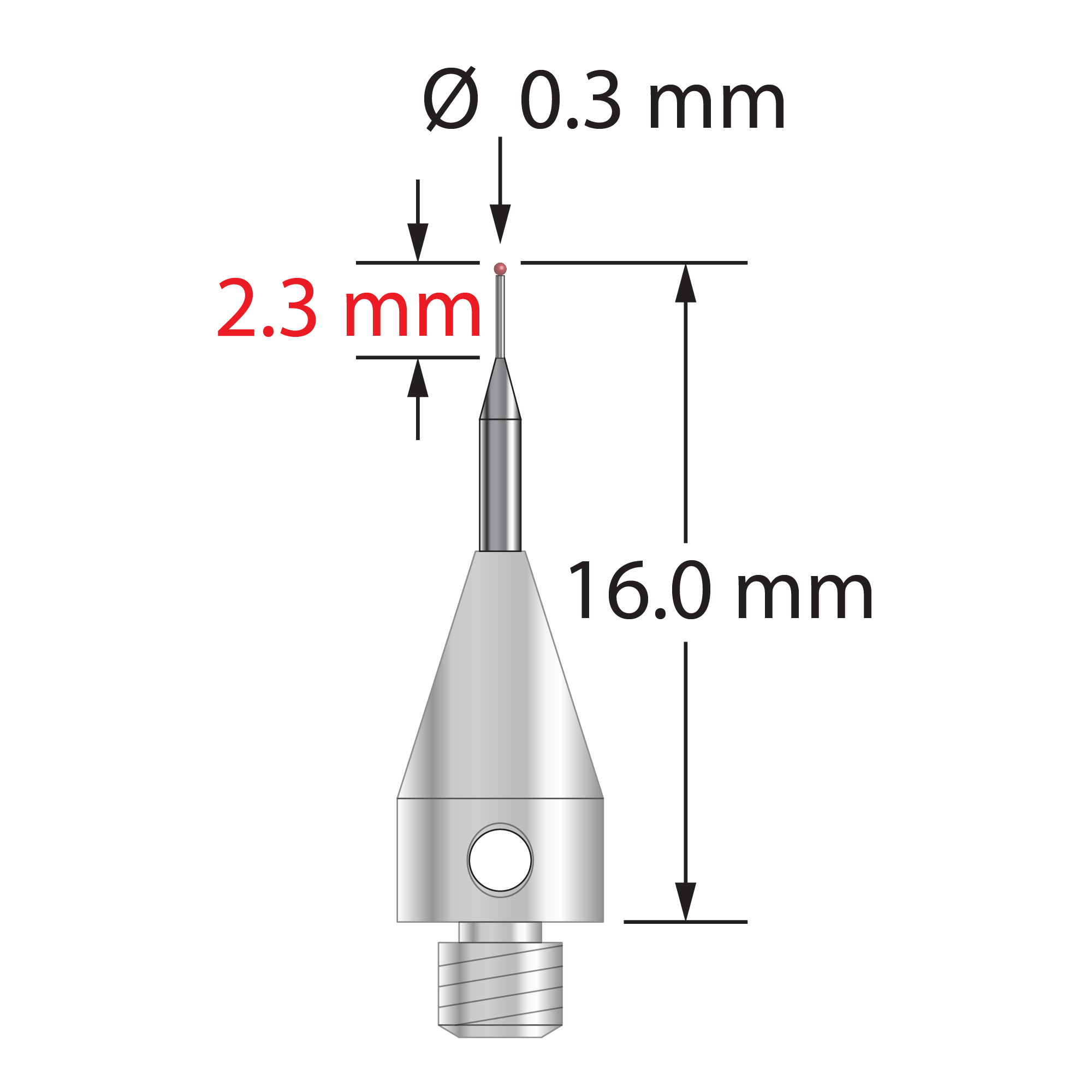 M3 XXT stylus with 0.3 mm diameter ruby ball, tapered carbide stem, and 5.0 mm diameter x 9.0 mm long titanium base. Overall stylus length is 16.0 mm. Stylus weight is 0.50 gram. Compare to Zeiss 626113-0030-016.