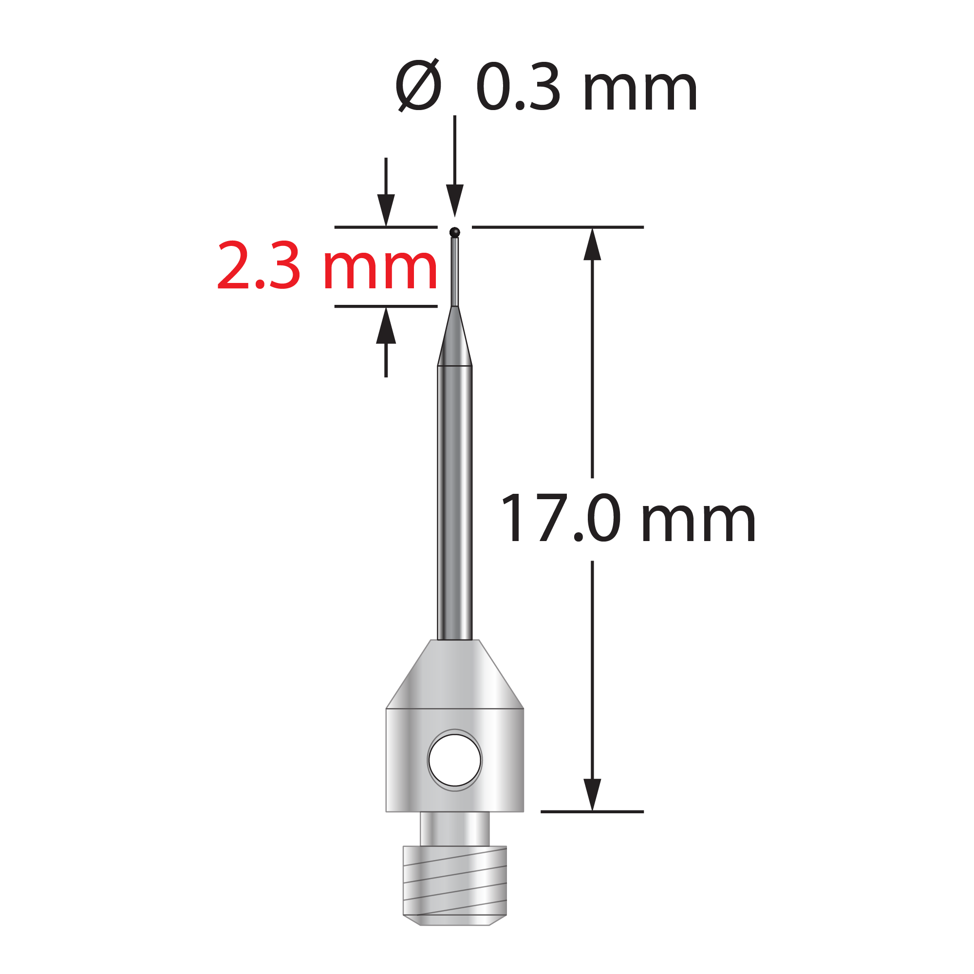 M3 stylus with 0.3 mm diameter silicon nitride ball, tapered carbide stem, and 4.0 mm diameter x 5.0 mm long stainless steel base. Minor stem diameter is 0.2 mm; major diameter is 1.0 mm. Overall stylus length is 17.0 mm. Weight is 0.51 gram. Compare to Zeiss 626123-5245-017.