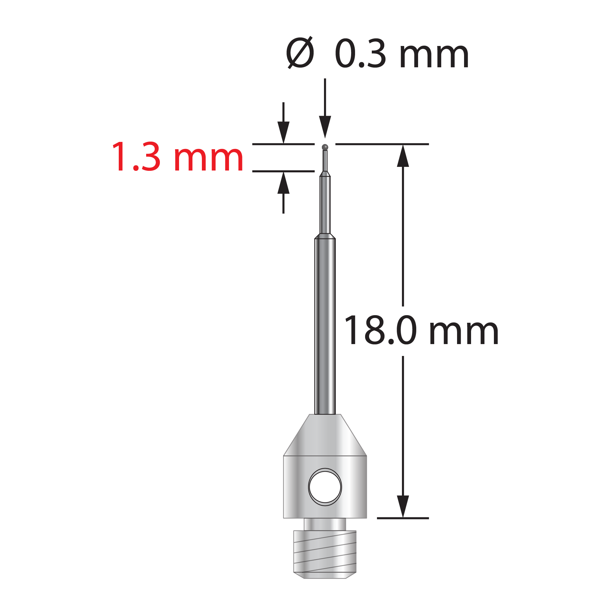 TM3-0318-C M3 stylus with 0.3mm carbide ball, stepped carbide stem, and stainless steel base, 18mm long by Q-Mark Manufacturing, Inc.