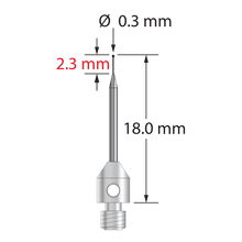 M3 stylus with 0.3 mm diameter silicon nitride ball, tapered carbide stem, and 4.0 mm diameter x 5.0 mm long stainless steel base. Minor stem diameter is 0.2 mm; major diameter is 1.0 mm. Overall stylus length is 18.0 mm. Weight is 0.52 gram. Compare to Zeiss 626123-5245-018.