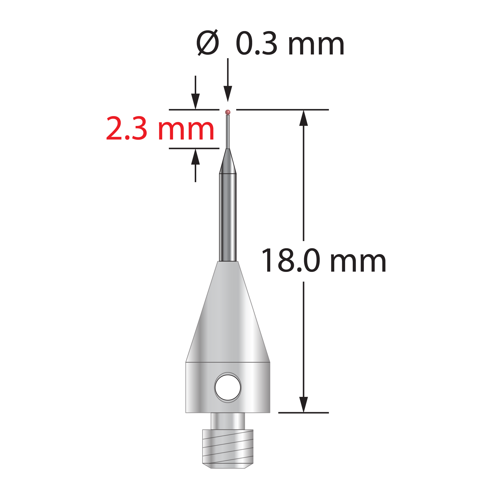 M3 stylus with 0.3 mm diameter ruby ball, tapered carbide stem, and 5.0 mm diameter x 9.0 mm long titanium base. Overall stylus length is 18.0 mm. Stylus weight is 0.51 gram. Compare to Zeiss 626113-0030-018.
