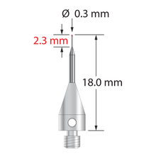 M3 stylus with 0.3 mm diameter ruby ball, tapered carbide stem, and 5.0 mm diameter x 9.0 mm long titanium base. Overall stylus length is 18.0 mm. Stylus weight is 0.51 gram. Compare to Zeiss 626113-0030-018.