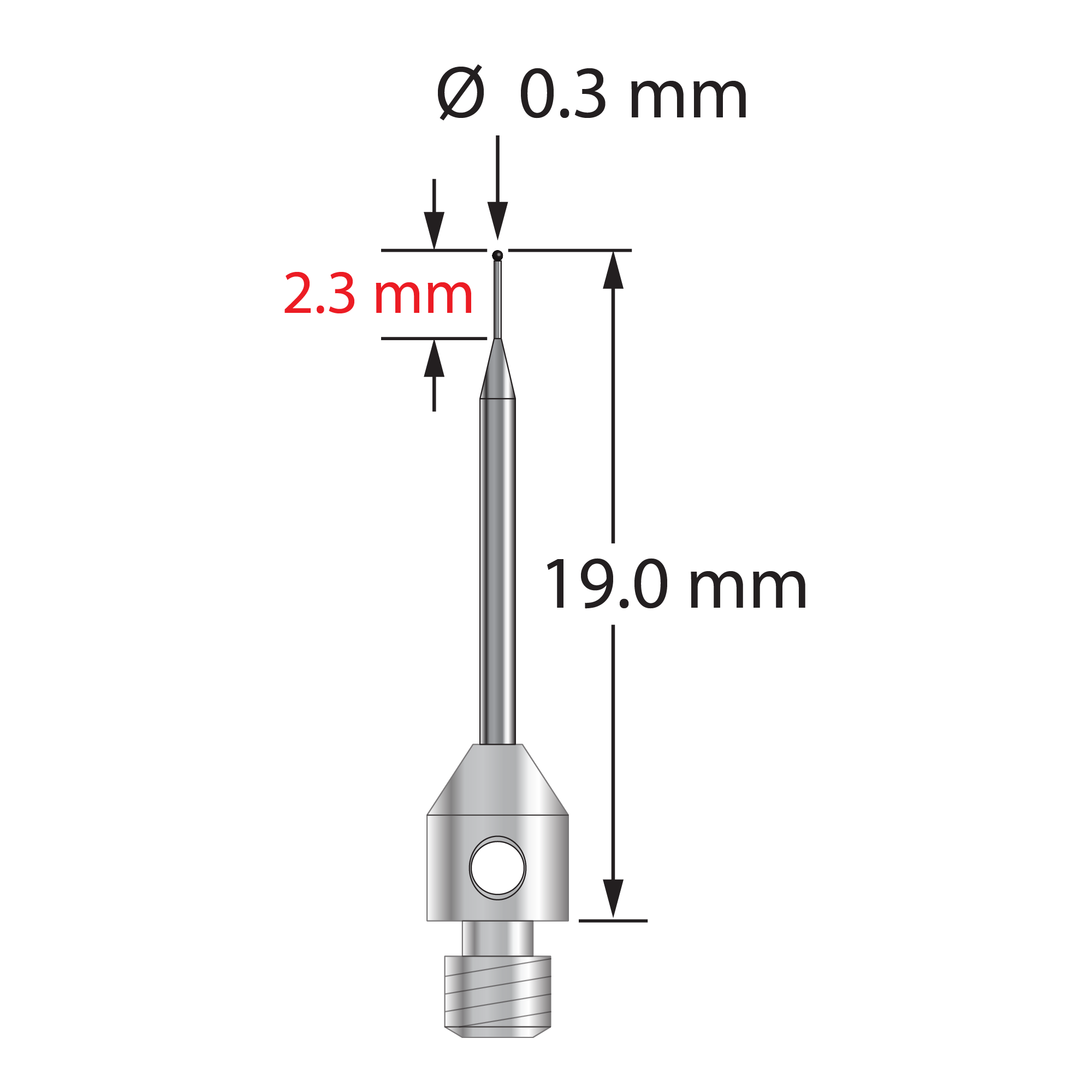 TM3-0319-SN M3 stylus with 0.3mm silicon nitride ball, tapered carbide stem, and stainless steel base.