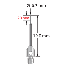 TM3-0319-SN M3 stylus with 0.3mm silicon nitride ball, tapered carbide stem, and stainless steel base.