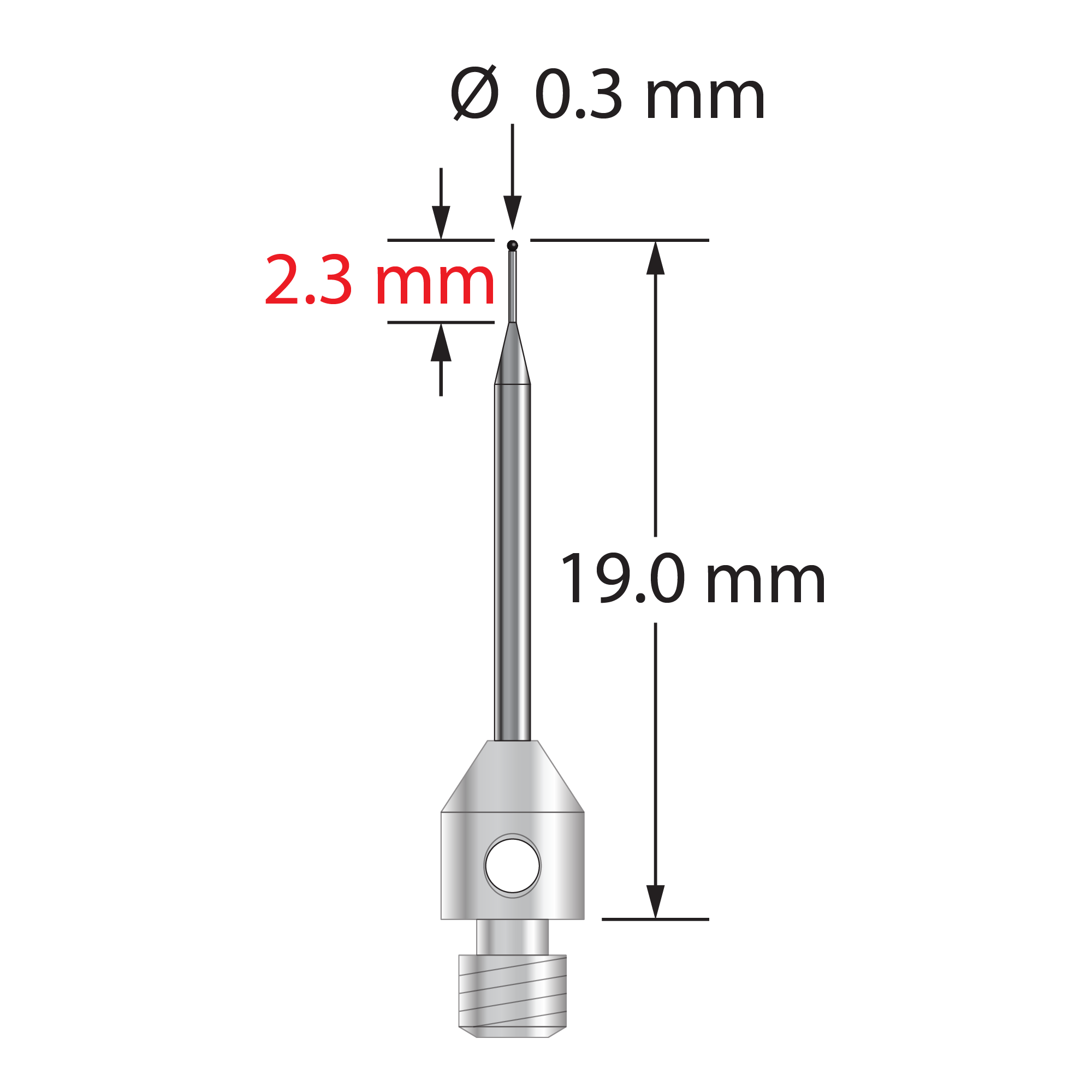 M3 stylus with 0.3 mm diameter silicon nitride ball, tapered carbide stem, and 4.0 mm diameter x 5.0 mm long stainless steel base. Minor stem diameter is 0.2 mm; major diameter is 1.0 mm. Overall stylus length is 19.0 mm. Weight is 0.53 gram. Compare to Zeiss 626123-5245-019.