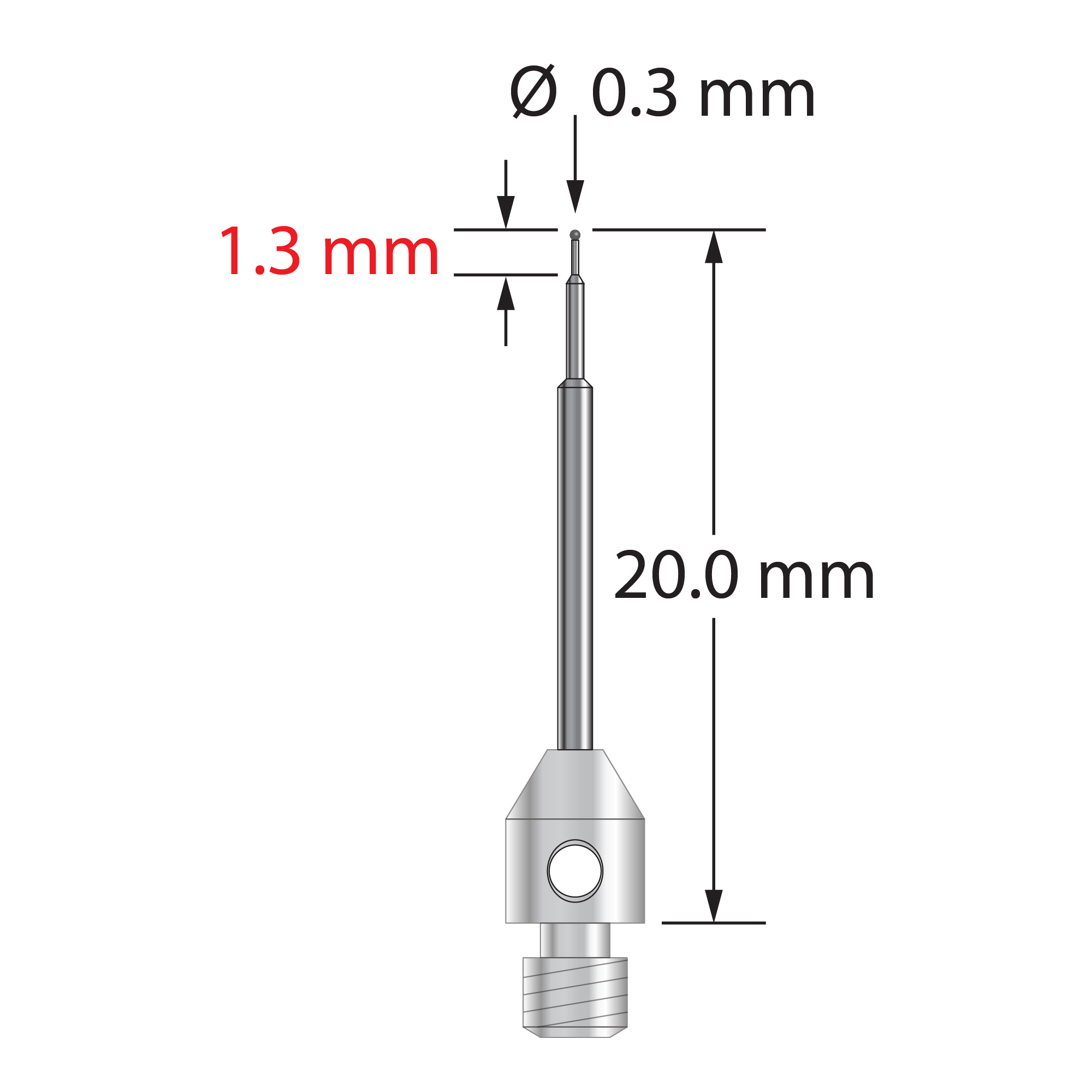 M3 stylus with 0.3 mm diameter carbide ball, stepped carbide stem, and 4.0 mm diameter x 5.0 mm long stainless steel base. Minor stem diameter is 0.2 mm, intermediate diameter is 0.5 mm, and major diameter is 1.0 mm. Overall stylus length is 20.0 mm. Stylus weight is 0.57 gram.