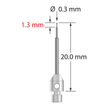 M3 stylus with 0.3 mm diameter carbide ball, stepped carbide stem, and 4.0 mm diameter x 5.0 mm long stainless steel base. Minor stem diameter is 0.2 mm, intermediate diameter is 0.5 mm, and major diameter is 1.0 mm. Overall stylus length is 20.0 mm. Stylus weight is 0.57 gram.
