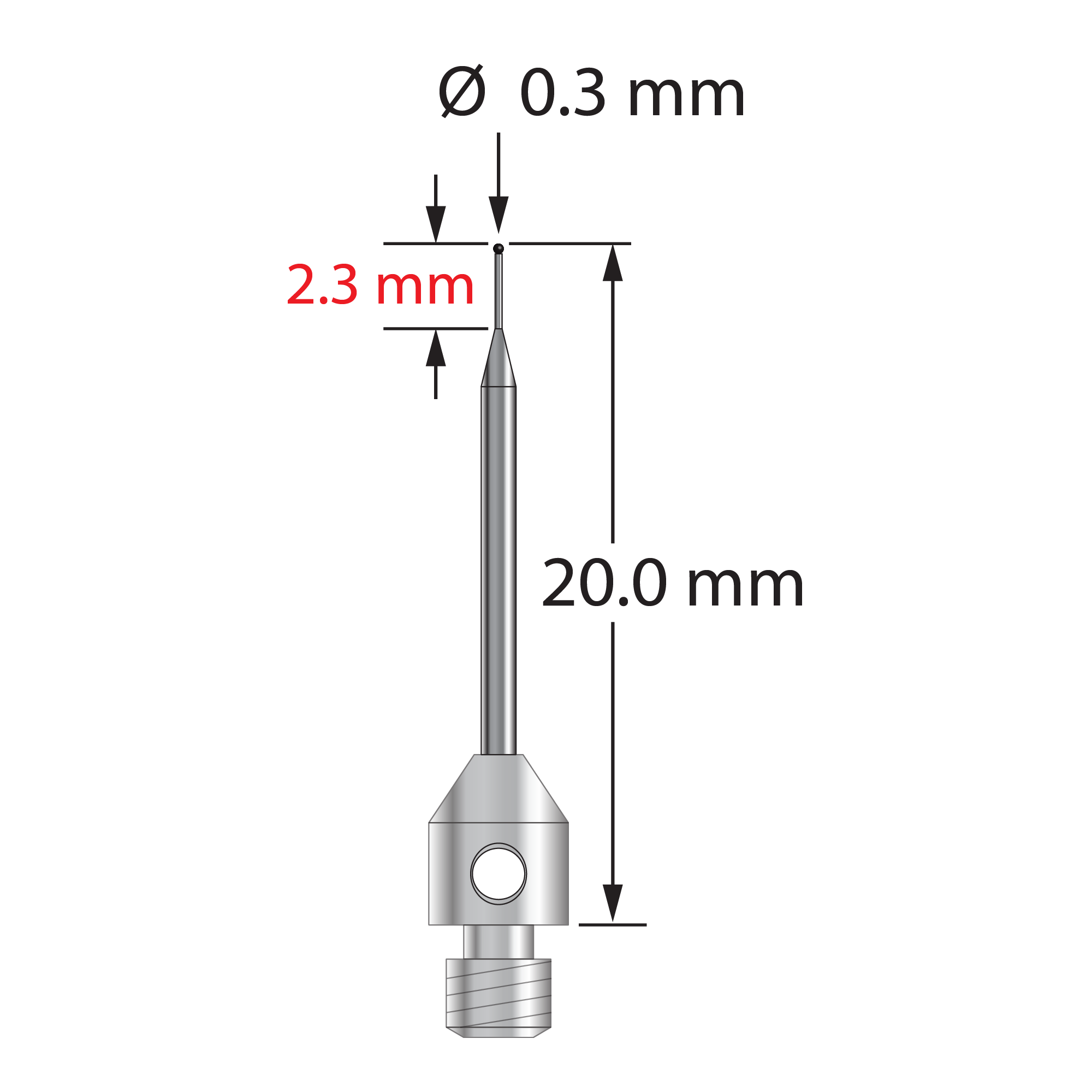 TM3-0320-SN M3 stylus with 0.3mm silicon nitride ball, tapered carbide stem, and stainless steel base.