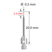 TM3-0320-SN M3 stylus with 0.3mm silicon nitride ball, tapered carbide stem, and stainless steel base.