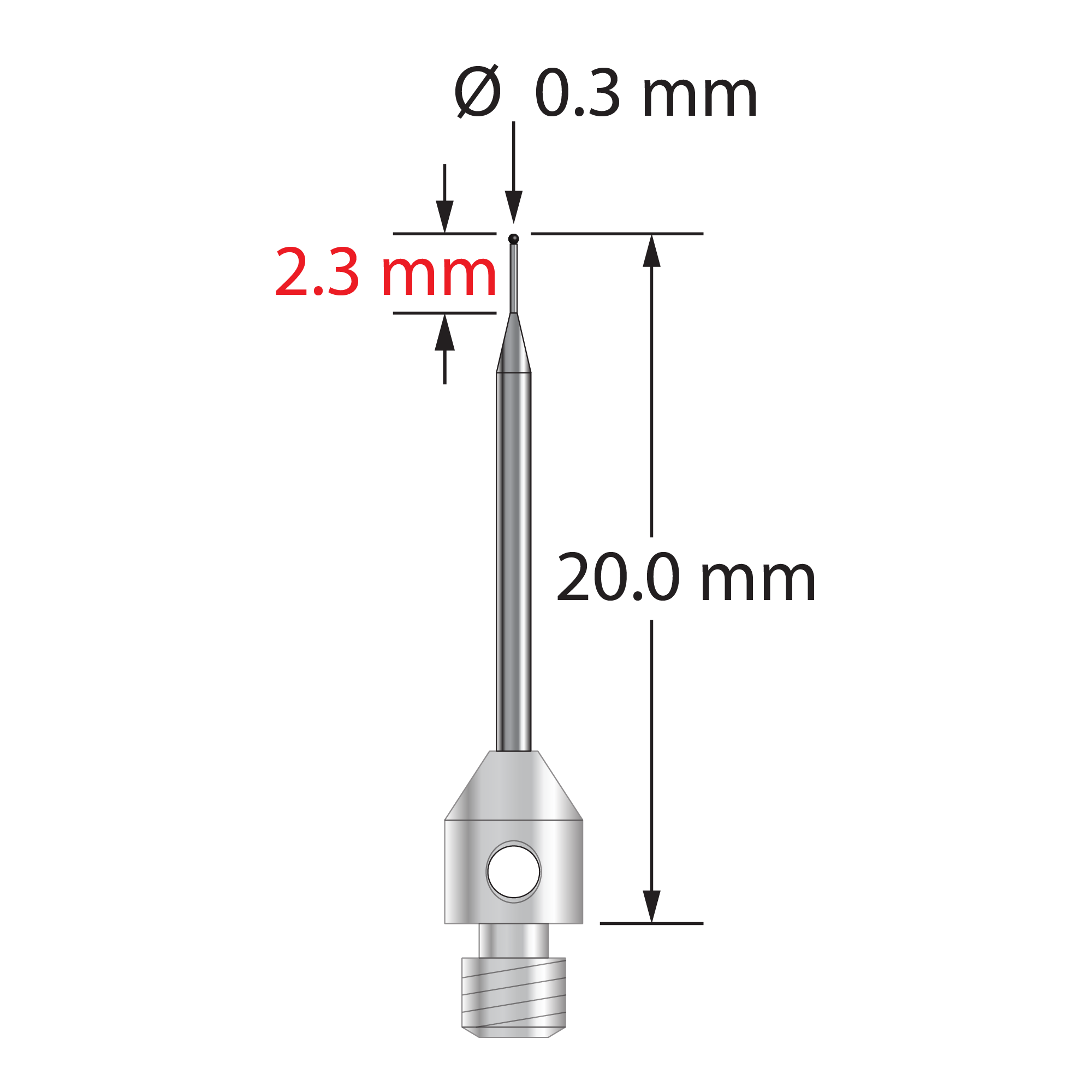 M3 stylus with 0.3 mm diameter silicon nitride ball, tapered carbide stem, and 4.0 mm diameter x 5.0 mm long stainless steel base. Minor stem diameter is 0.2 mm; major diameter is 1.0 mm. Overall stylus length is 20.0 mm. Weight is 0.54 gram. Compare to Zeiss 626123-5245-020.