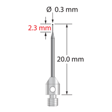 M3 stylus with 0.3 mm diameter silicon nitride ball, tapered carbide stem, and 4.0 mm diameter x 5.0 mm long stainless steel base. Minor stem diameter is 0.2 mm; major diameter is 1.0 mm. Overall stylus length is 20.0 mm. Weight is 0.54 gram. Compare to Zeiss 626123-5245-020.