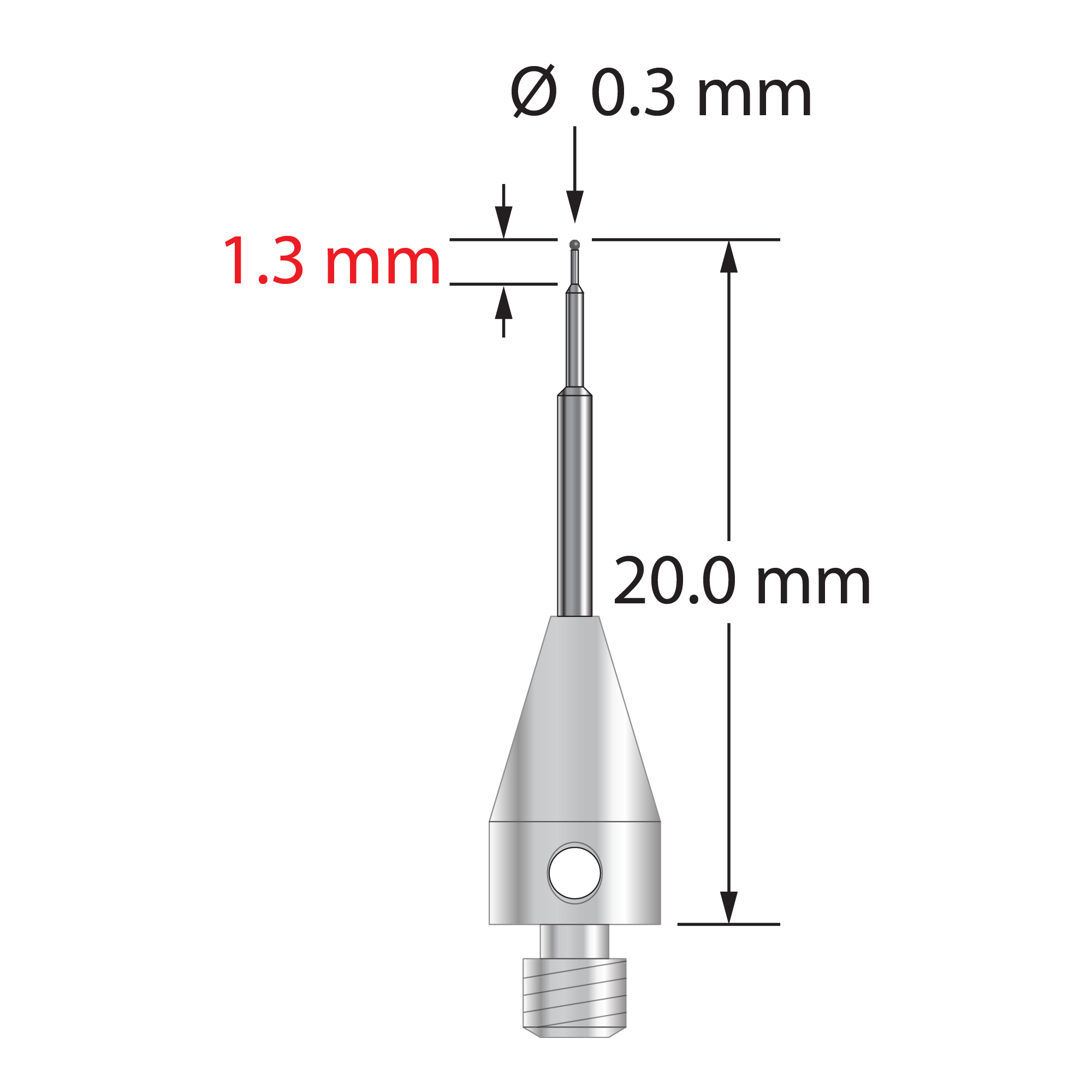M3 XXT stylus with 0.3 mm diameter carbide ball, stepped carbide stem, and 5.0 mm diameter x 9.0 mm long titanium base. Minor stem diameter is 0.2 mm, intermediate diameter is 0.5 mm, and major diameter is 1.0 mm. Overall stylus length is 20.0 mm. Stylus weight is 0.54 gram.