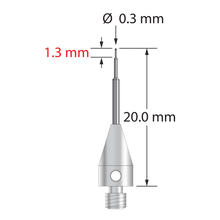 M3 XXT stylus with 0.3 mm diameter carbide ball, stepped carbide stem, and 5.0 mm diameter x 9.0 mm long titanium base. Minor stem diameter is 0.2 mm, intermediate diameter is 0.5 mm, and major diameter is 1.0 mm. Overall stylus length is 20.0 mm. Stylus weight is 0.54 gram.