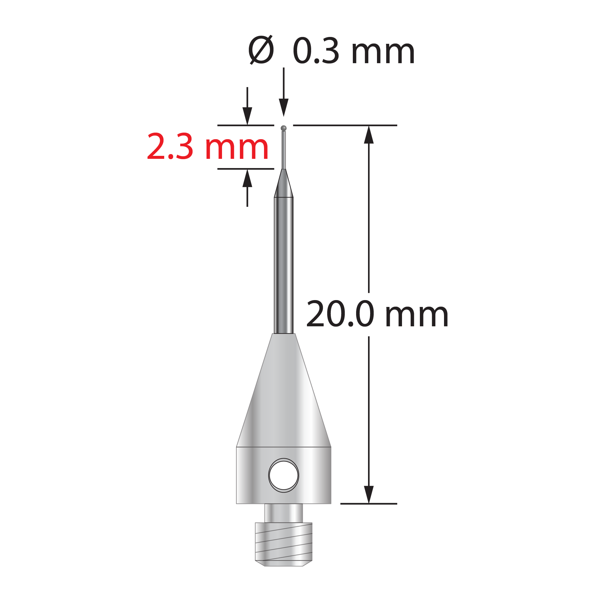 M3 stylus with 0.3 mm diameter silicon nitride ball, tapered carbide stem, and 5.0 mm diameter x 9.0 mm long titanium base. Minor stem diameter is 0.2 mm; major diameter is 1.0 mm. Overall stylus length is 20.0 mm. Stylus weight is 0.54 gram. Compare to Zeiss 626113-0036-020.
