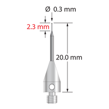M3 stylus with 0.3 mm diameter silicon nitride ball, tapered carbide stem, and 5.0 mm diameter x 9.0 mm long titanium base. Minor stem diameter is 0.2 mm; major diameter is 1.0 mm. Overall stylus length is 20.0 mm. Stylus weight is 0.54 gram. Compare to Zeiss 626113-0036-020.