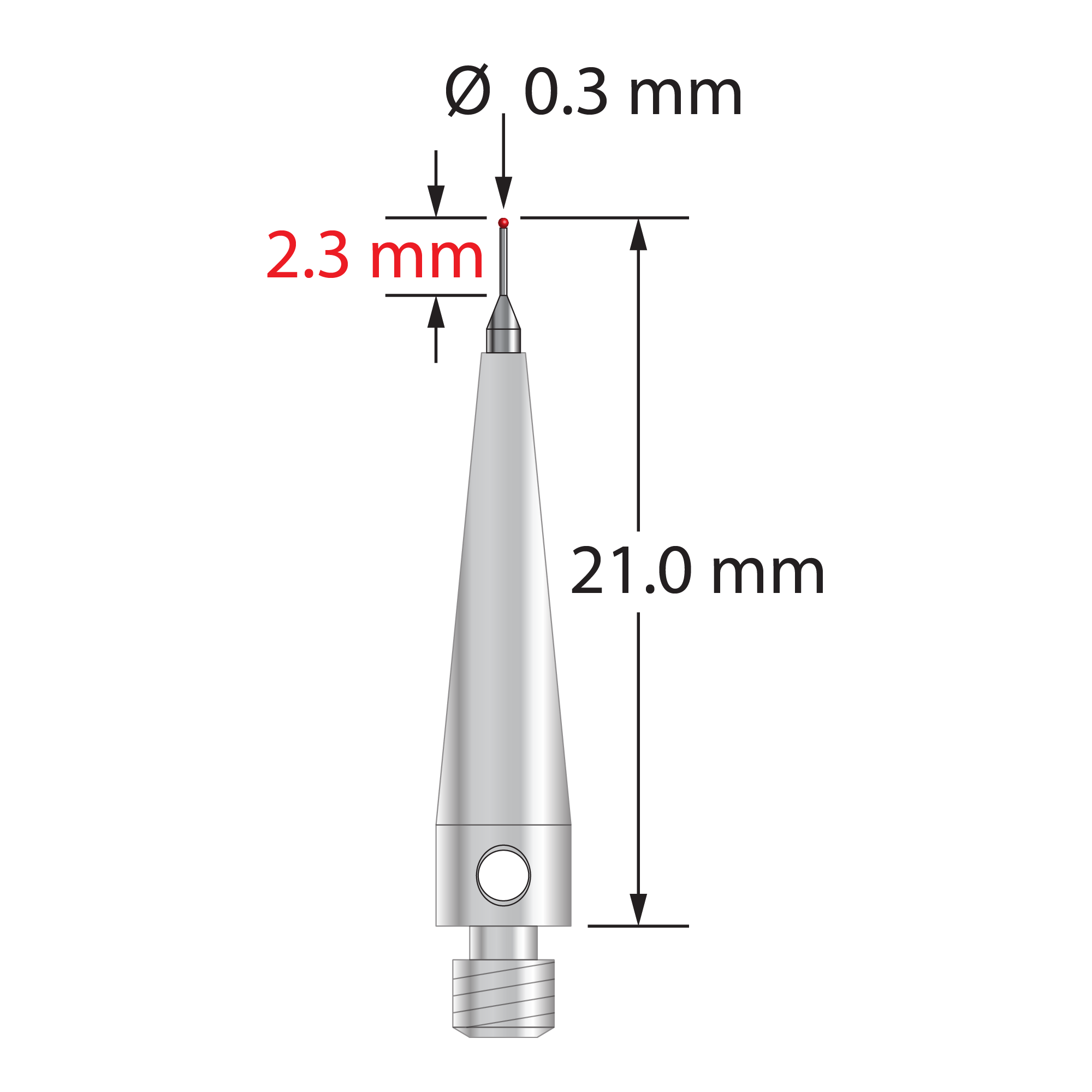 M3 stylus with 0.3 mm diameter ruby ball, tapered carbide stem, and 4.0 mm diameter x 17.0 mm long stainless steel base. Minor stem diameter is 0.2 mm; major diameter is 1.0 mm. Overall stylus length is 21.0 mm. Stylus weight is 0.85 gram. Compare to Carbide Probes 261-.3R.