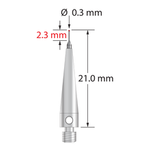 M3 stylus with 0.3 mm diameter ruby ball, tapered carbide stem, and 4.0 mm diameter x 17.0 mm long stainless steel base. Minor stem diameter is 0.2 mm; major diameter is 1.0 mm. Overall stylus length is 21.0 mm. Stylus weight is 0.85 gram. Compare to Carbide Probes 261-.3R.