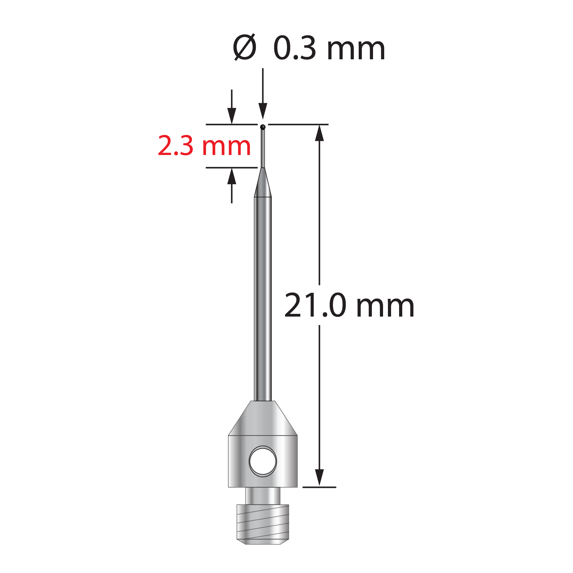 TM3-0321-SN M3 stylus with 0.3mm silicon nitride ball, tapered carbide stem, and stainless steel base by Q-Mark Manufacturing, Inc.