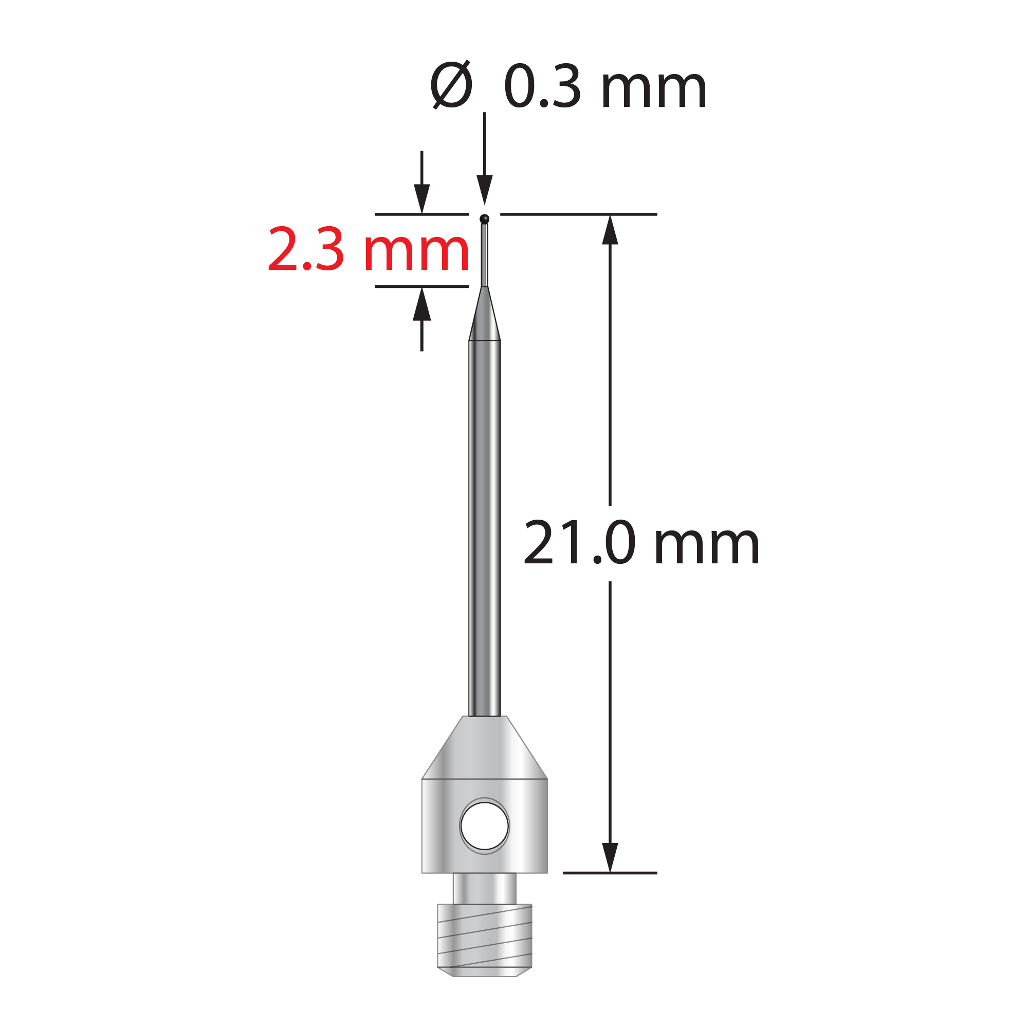 M3 stylus with 0.3 mm diameter silicon nitride ball, tapered carbide stem, and 4.0 mm diameter x 5.0 mm long stainless steel base. Minor stem diameter is 0.2 mm; major diameter is 1.0 mm. Overall stylus length is 21.0 mm. Weight is 0.55 gram. Compare to Zeiss 626123-5245-021.