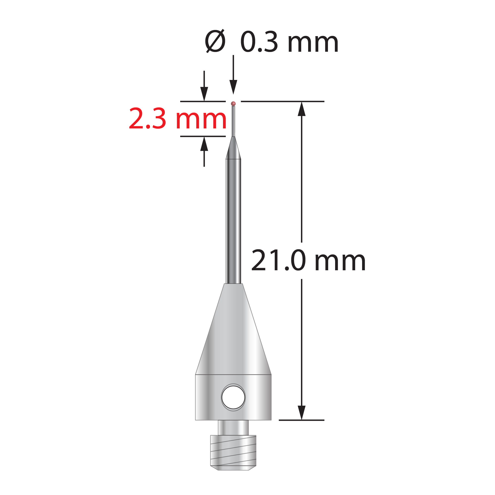 M3 stylus with 0.3 mm diameter ruby ball, tapered carbide stem, and 5.0 mm diameter x 9.0 mm long titanium base. Minor stem diameter is 0.2 mm; major diameter is 1.0 mm. Overall stylus length is 21.0 mm. Stylus weight is 0.55 gram. Compare to Zeiss 626103-5244-021.