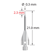 M3 stylus with 0.3 mm diameter ruby ball, tapered carbide stem, and 5.0 mm diameter x 9.0 mm long titanium base. Minor stem diameter is 0.2 mm; major diameter is 1.0 mm. Overall stylus length is 21.0 mm. Stylus weight is 0.55 gram. Compare to Zeiss 626103-5244-021.