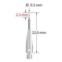 M3 stylus with 0.3 mm diameter ruby ball, tapered carbide stem, and 4.0 mm diameter x 13.0 mm long stainless steel base. Minor stem diameter is 0.2 mm; major diameter is 1.0 mm. Overall stylus length is 22.0 mm. Stylus weight is 0.46 gram. Compare to Zeiss 602030-8121-000 and Mitutoyo K651106.