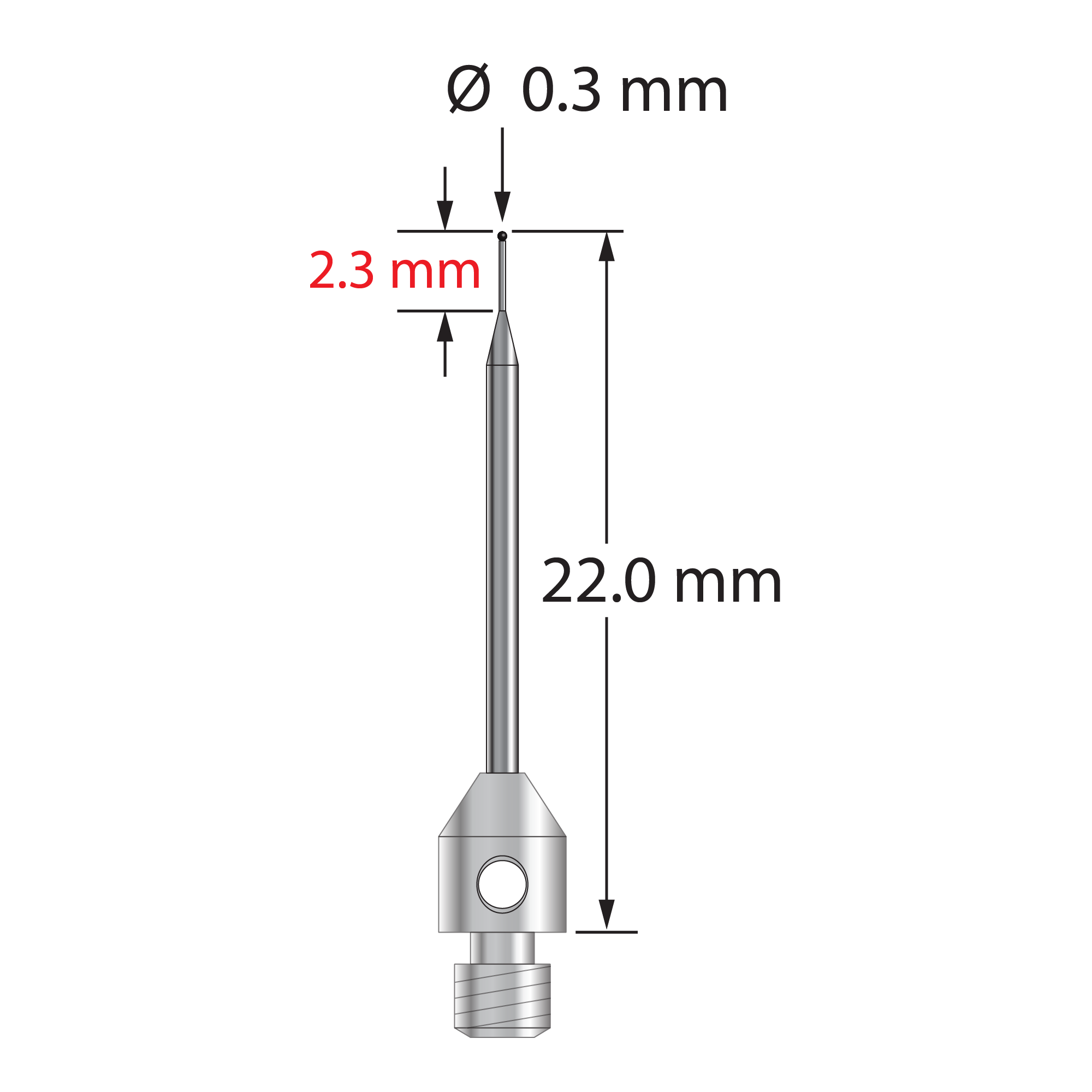 TM3-0322-SN M3 0.3mm silicon nitride stylus with tapered carbide stem and stainless steel base, 22mm long by Q-Mark Manufacturing, Inc.