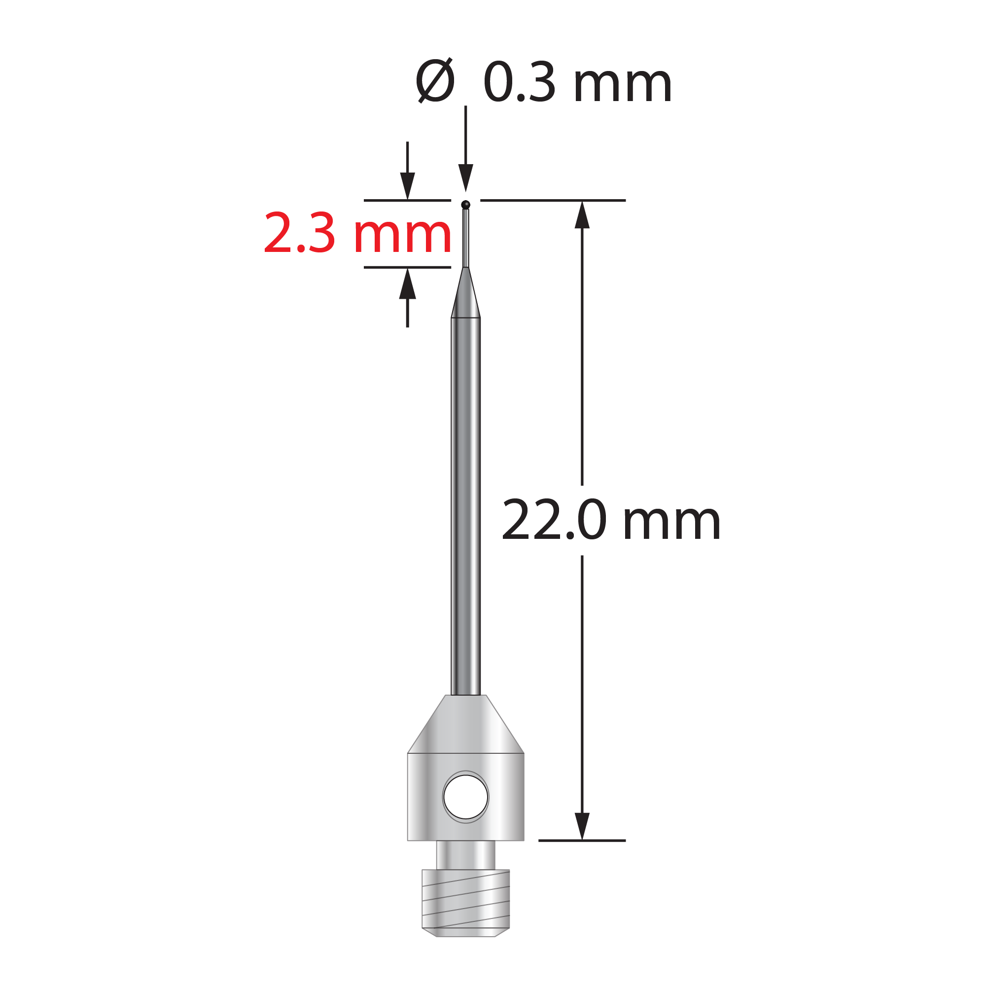 M3 stylus with 0.3 mm diameter silicon nitride ball, tapered carbide stem, and 4.0 mm diameter x 5.0 mm long stainless steel base. Minor stem diameter is 0.2 mm; major diameter is 1.0 mm. Overall stylus length is 22.0 mm. Weight is 0.56 gram. Compare to Zeiss 626123-5245-022.