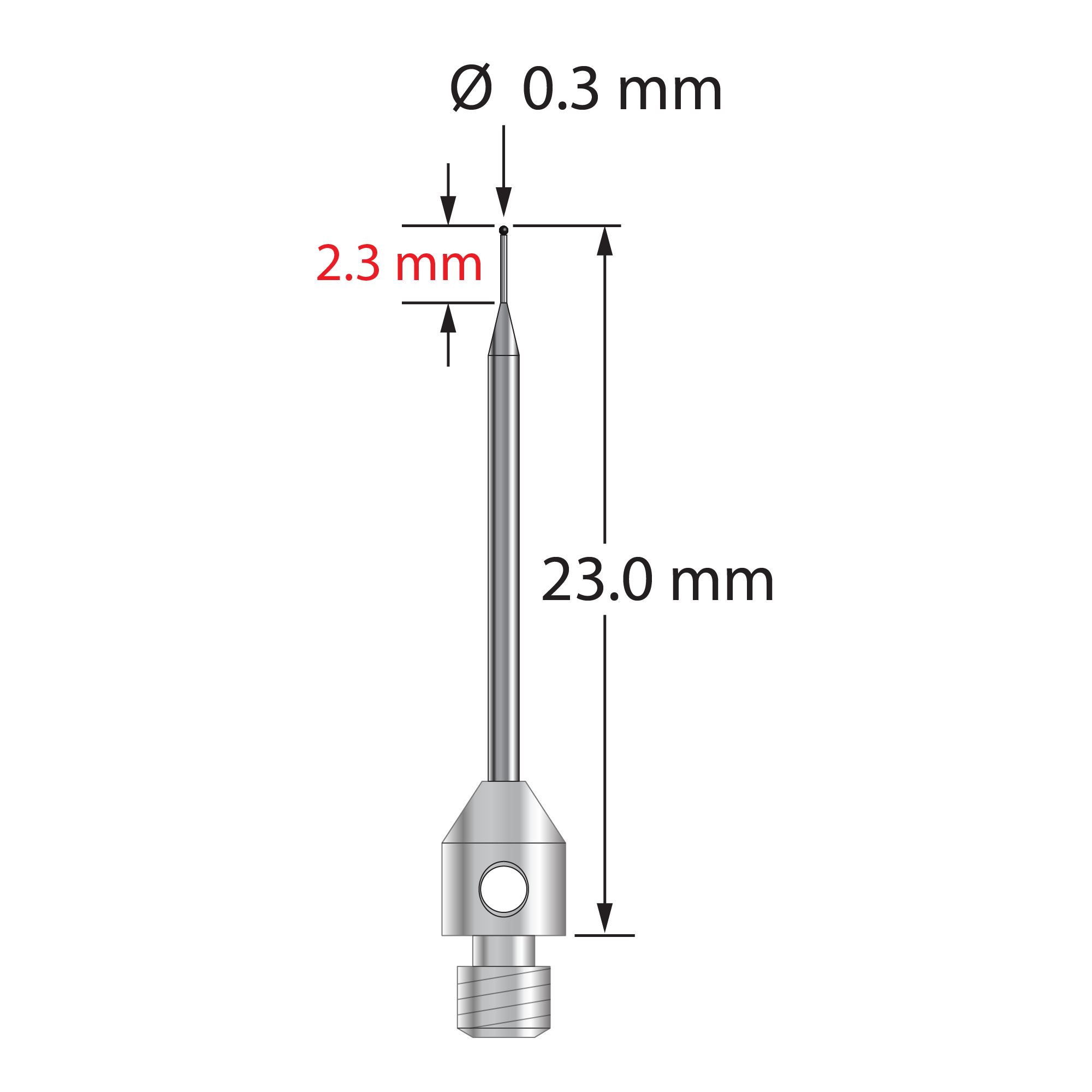 TM3-0323-SN M3 0.3mm silicon nitride stylus with tapered carbide stem and stainless steel base, 23mm long.