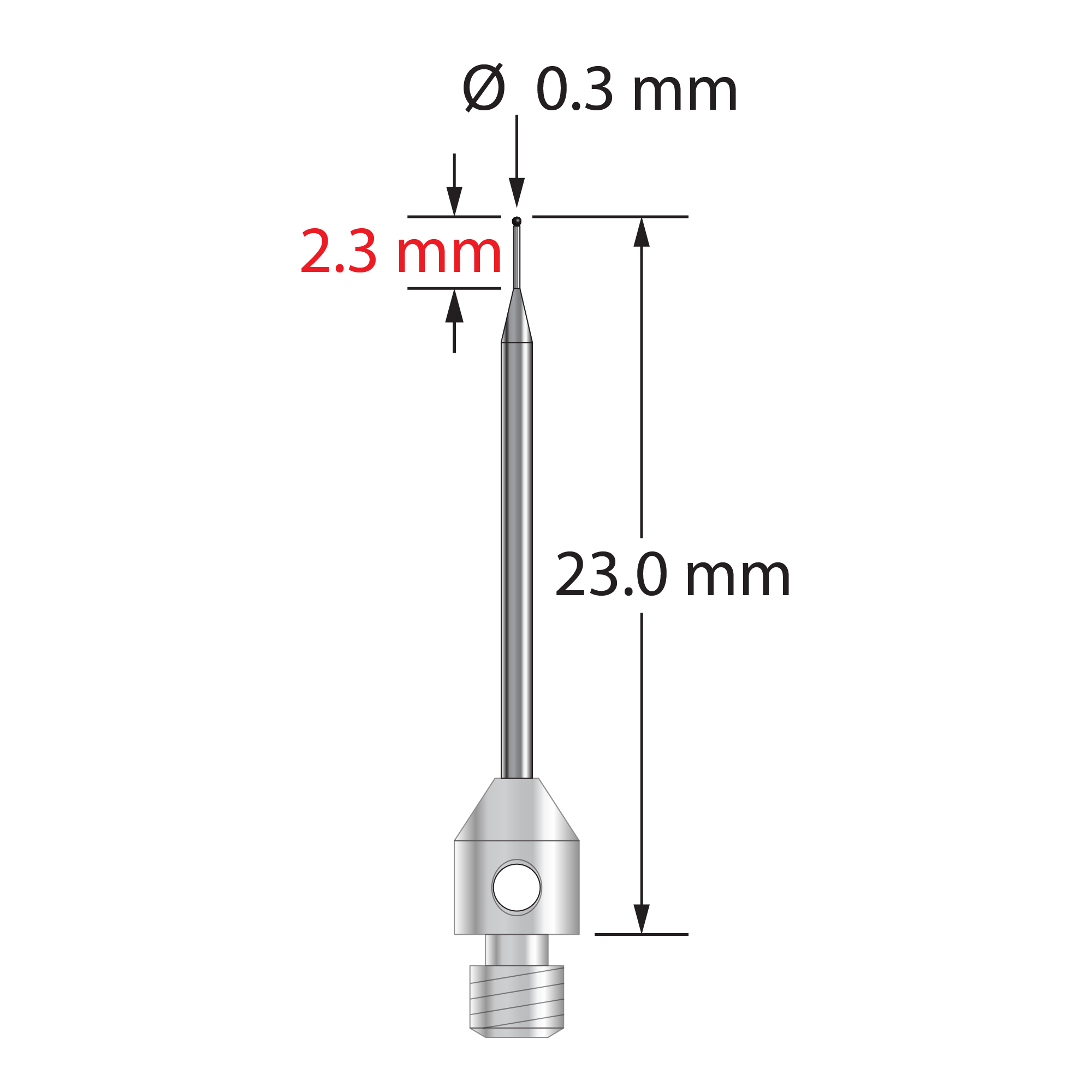 M3 stylus with 0.3 mm diameter silicon nitride ball, tapered carbide stem, and 4.0 mm diameter x 5.0 mm long stainless steel base. Minor stem diameter is 0.2 mm; major diameter is 1.0 mm. Overall stylus length is 23.0 mm. Weight is 0.57 gram. Compare to Zeiss 626123-5245-023.