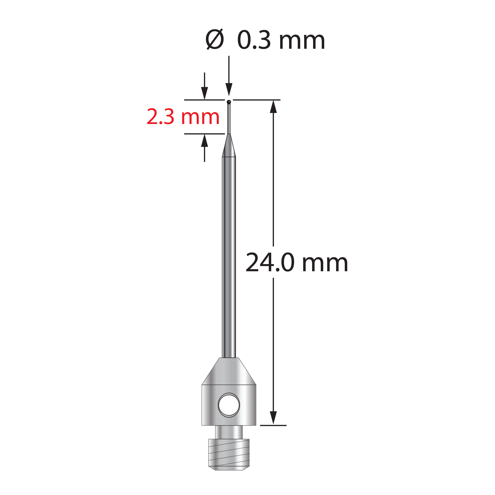 TM3-0324-SN M3 stylus with 0.3mm silicon nitride ball, tapered carbide stem, and stainless steel base by Q-Mark Manufacturing, Inc.