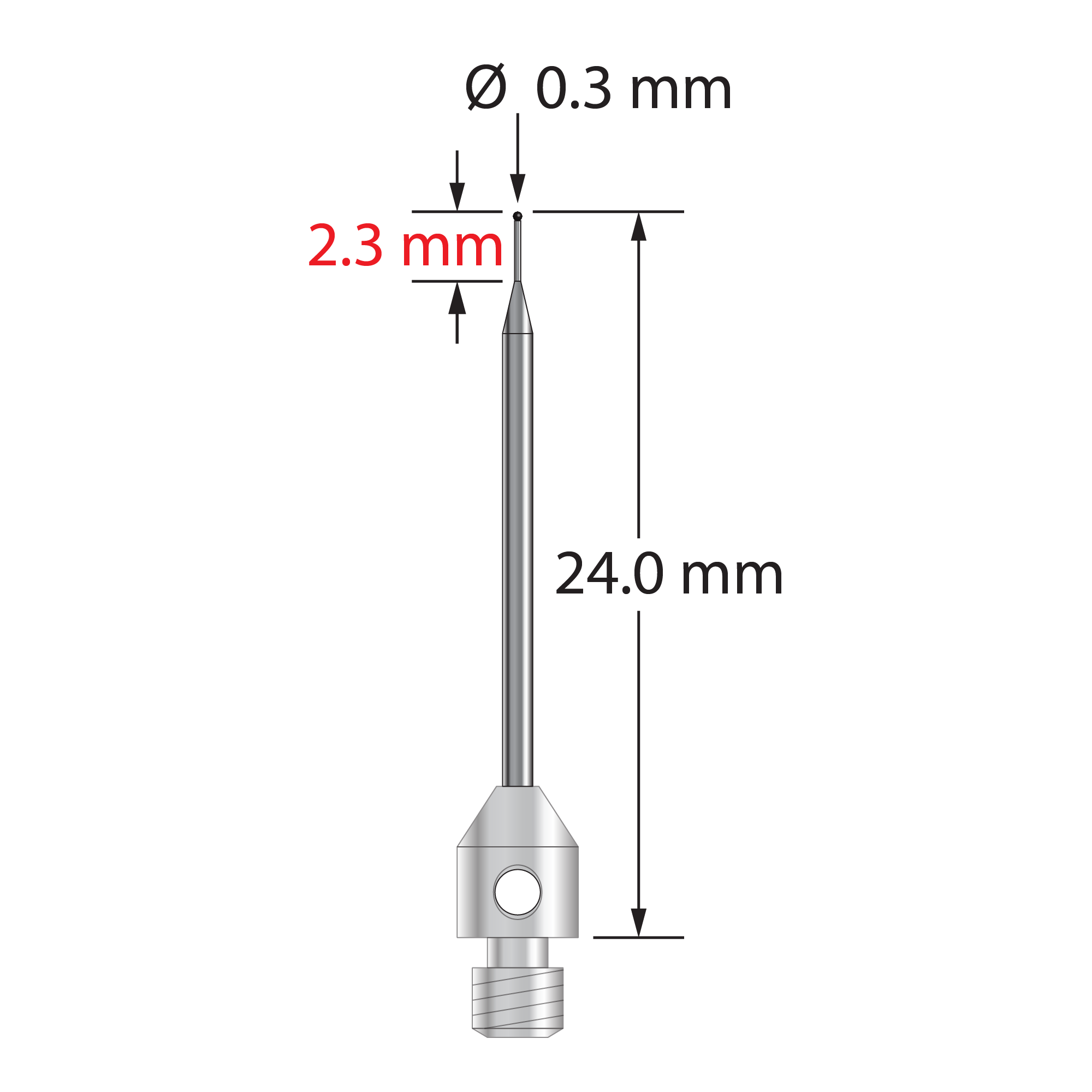 M3 stylus with 0.3 mm diameter silicon nitride ball, tapered carbide stem, and 4.0 mm diameter x 5.0 mm long stainless steel base. Minor stem diameter is 0.2 mm; major diameter is 1.0 mm. Overall stylus length is 24.0 mm. Weight is 0.58 gram. Compare to Zeiss 626123-5245-024.