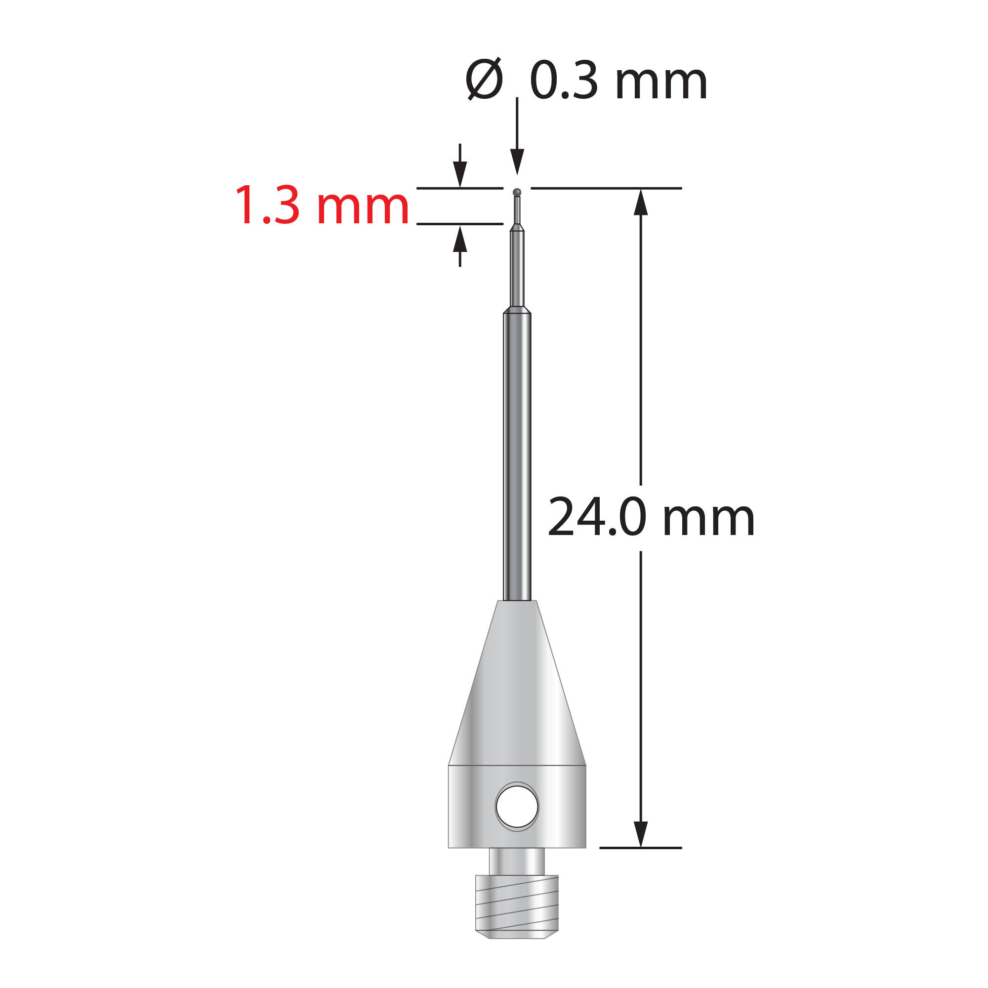 M3 XXT stylus with 0.3 mm diameter carbide ball, stepped carbide stem, and 5.0 mm diameter x 9.0 mm long titanium base. Minor stem diameter is 0.2 mm, intermediate diameter is 0.5 mm, and major diameter is 1.0 mm. Overall stylus length is 24.0 mm. Stylus weight is 0.58 gram.
