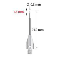 M3 XXT stylus with 0.3 mm diameter carbide ball, stepped carbide stem, and 5.0 mm diameter x 9.0 mm long titanium base. Minor stem diameter is 0.2 mm, intermediate diameter is 0.5 mm, and major diameter is 1.0 mm. Overall stylus length is 24.0 mm. Stylus weight is 0.58 gram.