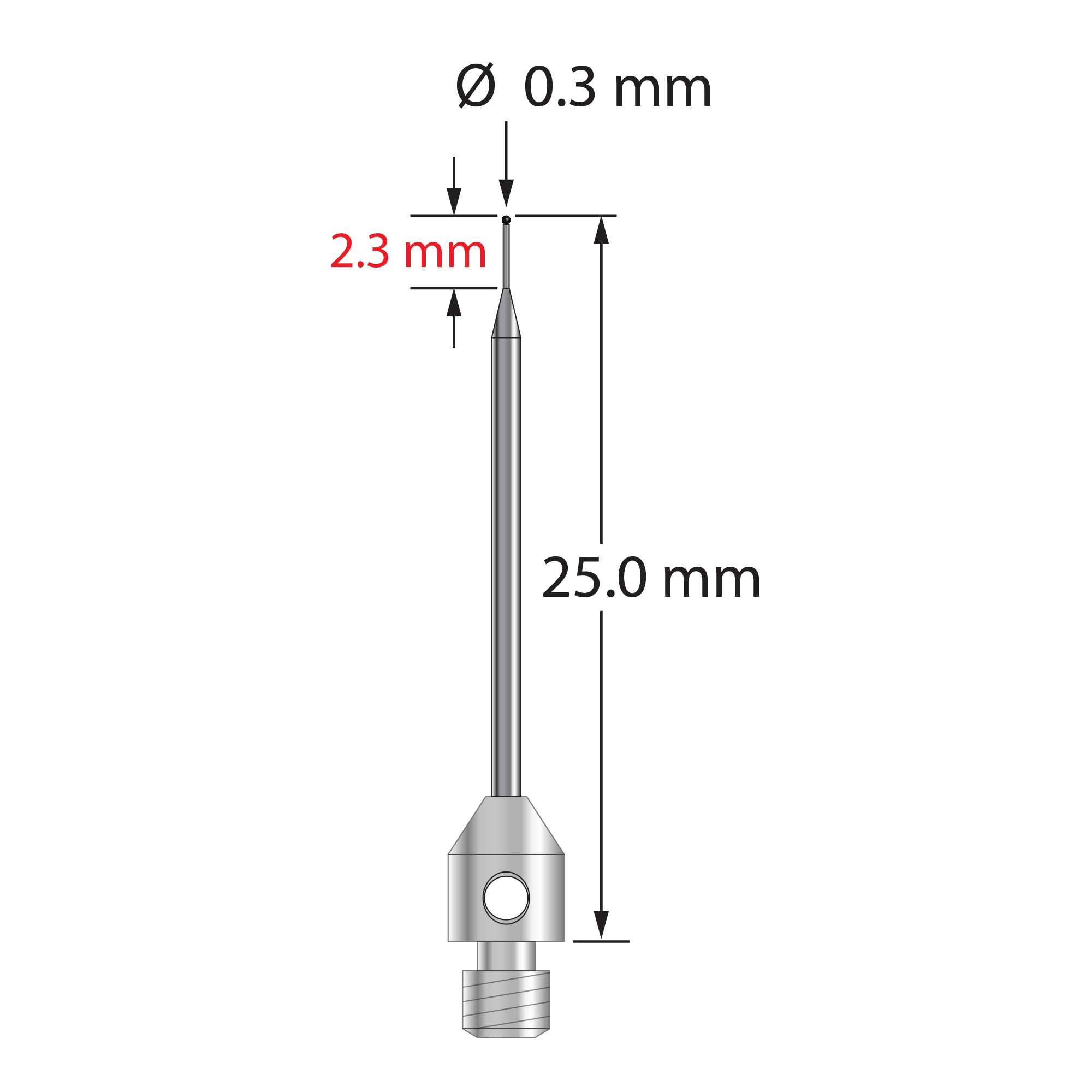 TM3-0325-SN M3 stylus, 0.3mm silicon nitride ball, tapered carbide stem, stainless steel base, 25mm long.
