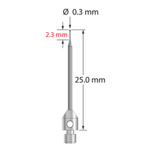 TM3-0325-SN M3 stylus, 0.3mm silicon nitride ball, tapered carbide stem, stainless steel base, 25mm long.