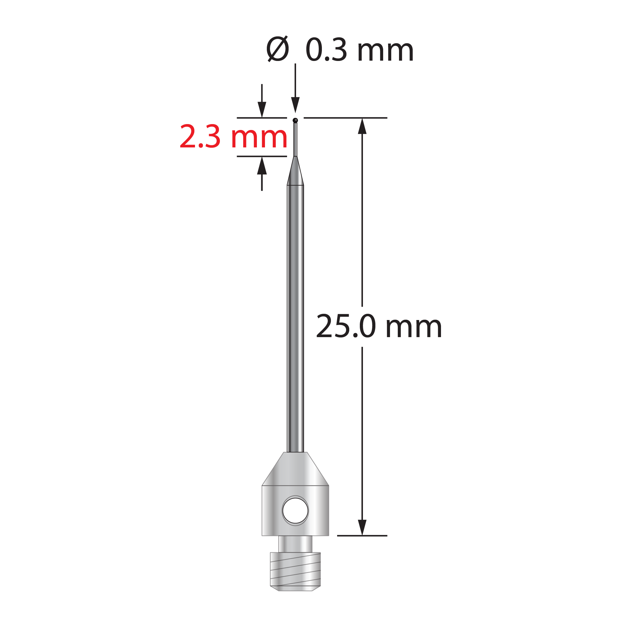M3 stylus with 0.3 mm diameter silicon nitride ball, tapered carbide stem, and 4.0 mm diameter x 5.0 mm long stainless steel base. Minor stem diameter is 0.2 mm; major diameter is 1.0 mm. Overall stylus length is 25.0 mm. Weight is 0.59 gram. Compare to Zeiss 626123-5245-025.