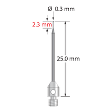 M3 stylus with 0.3 mm diameter silicon nitride ball, tapered carbide stem, and 4.0 mm diameter x 5.0 mm long stainless steel base. Minor stem diameter is 0.2 mm; major diameter is 1.0 mm. Overall stylus length is 25.0 mm. Weight is 0.59 gram. Compare to Zeiss 626123-5245-025.