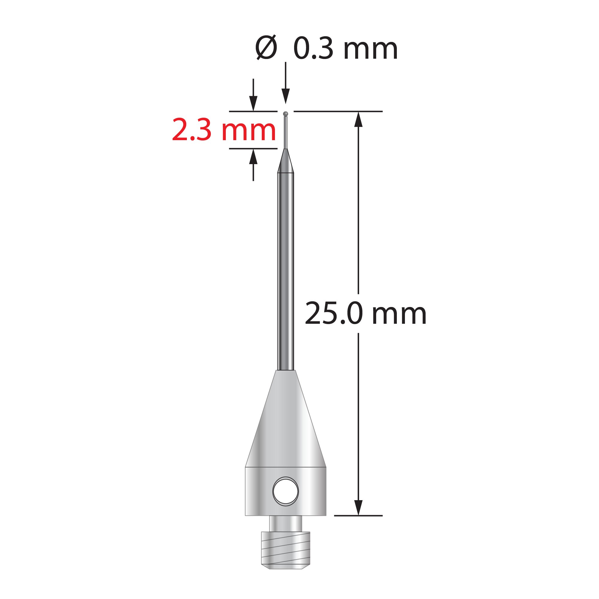 M3 XXT stylus with 0.3 mm diameter silicon nitride ball, tapered carbide stem, and 5.0 mm diameter x 9.0 mm long titanium base. Minor stem diameter is 0.2 mm; major diameter is 1.0 mm. Overall stylus length is 25.0 mm. Stylus weight is 0.59 gram. Compare to Zeiss 626103-5245-025.