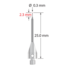 M3 stylus with 0.3 mm diameter ruby ball, tapered carbide stem, and 5.0 mm diameter x 9.0 mm long titanium base. Minor stem diameter is 0.2 mm; major diameter is 1.0 mm. Overall stylus length is 25.0 mm. Stylus weight is 0.59 gram. Compare to Zeiss 626103-5244-025.