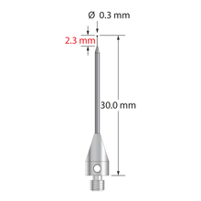 TM3-0330-TX-SN M3 stylus with 0.3mm silicon nitride ball, tapered carbide stem, and stainless steel base, 30mm long.