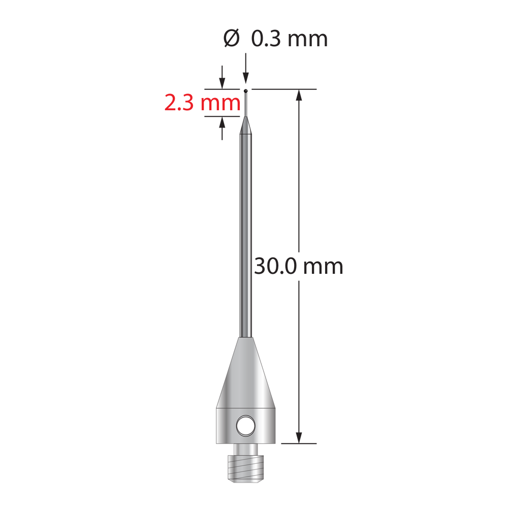 M3 stylus with 0.3 mm diameter silicon nitride ball, tapered carbide stem, and 4.0 mm diameter x 5.0 mm long stainless steel base. Minor stem diameter is 0.2 mm; major diameter is 1.0 mm. Overall stylus length is 30.0 mm. Stylus weight is 0.64 gram.
