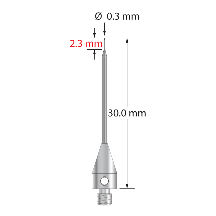M3 stylus with 0.3 mm diameter silicon nitride ball, tapered carbide stem, and 4.0 mm diameter x 5.0 mm long stainless steel base. Minor stem diameter is 0.2 mm; major diameter is 1.0 mm. Overall stylus length is 30.0 mm. Stylus weight is 0.64 gram.