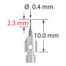 M3 stylus with 0.4 mm diameter ruby ball, tapered carbide stem, and 4.0 mm diameter x 5.0 mm long stainless steel base. Minor stem diameter is 0.3 mm; major diameter is 1.0 mm. Overall stylus length is 10.0 mm. Stylus weight is 0.46 gram.