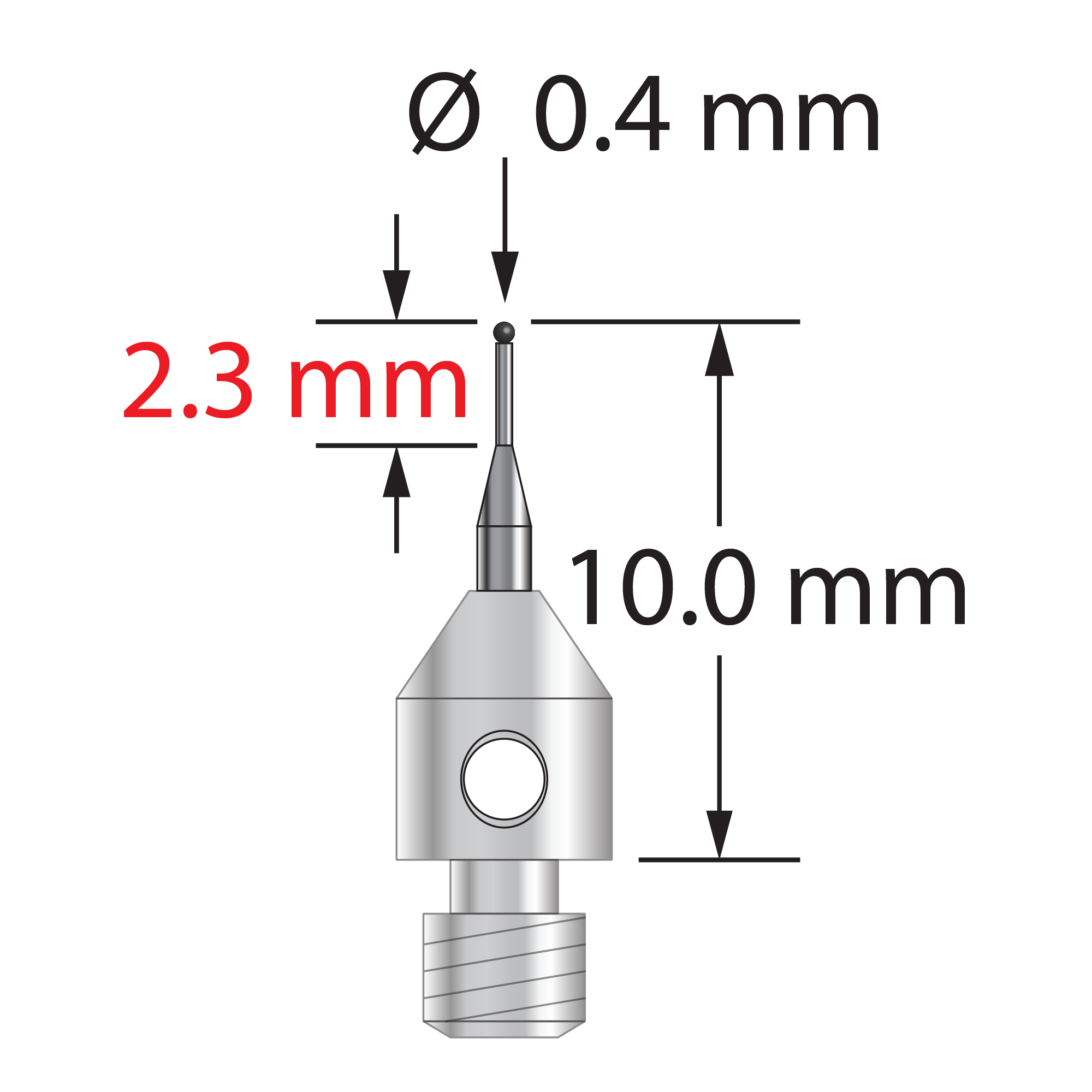 M3 stylus with 0.4 mm diameter silicon nitride ball, tapered carbide stem, and 4.0 mm diameter x 5.0 mm long stainless steel base. Minor stem diameter is 0.3 mm; major stem diameter is 1.0 mm. Overall stylus length is 10.0 mm. Stylus weight is 0.46 gram.