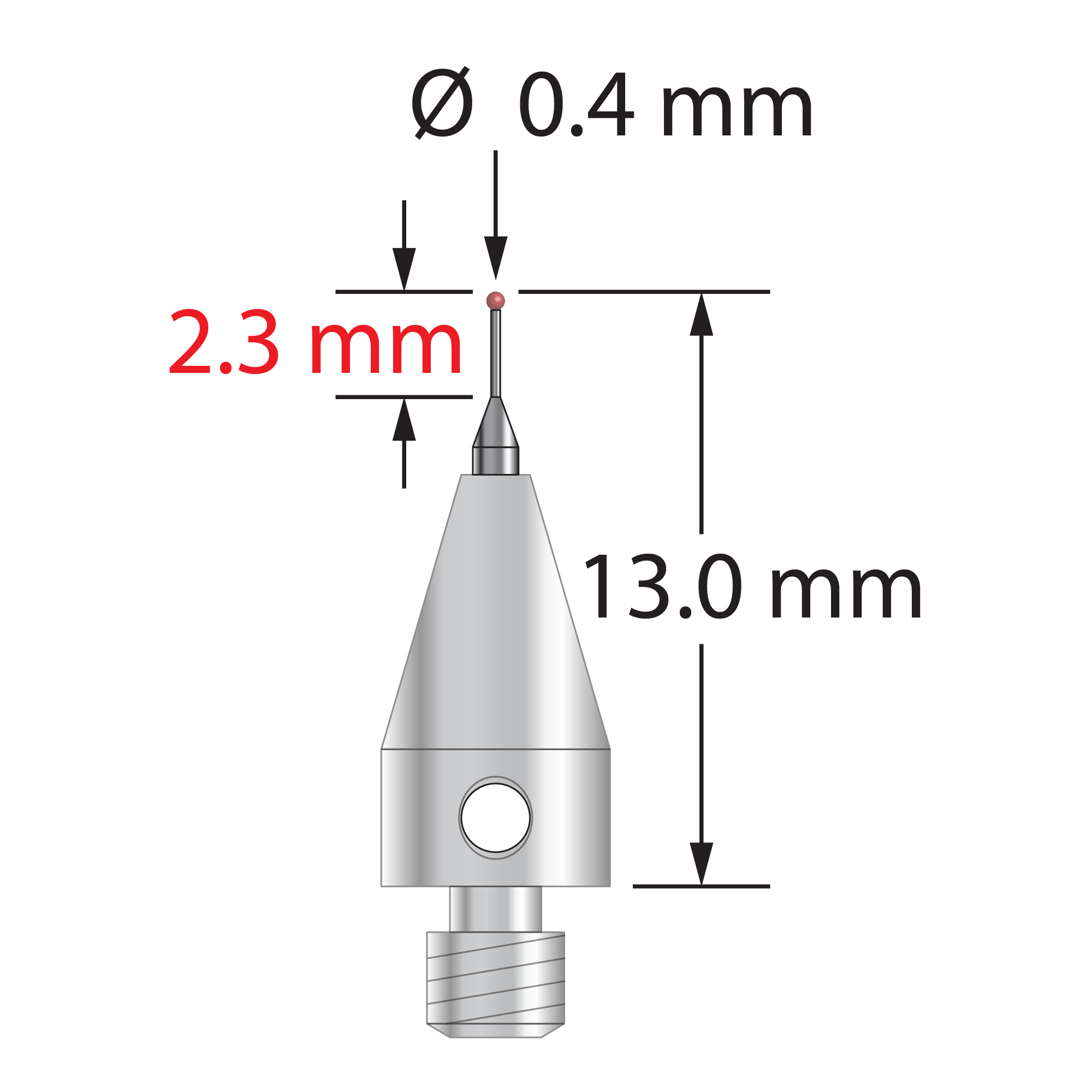 M3 XXT stylus with 0.4 mm diameter ruby ball, tapered carbide stem, and 5.0 mm diameter x 9.0 mm long titanium base. Minor stem diameter is 0.3 mm; major diameter is 1.0 mm. Overall stylus length is 13.0 mm. Stylus weight is 0.58 gram. Compare to Zeiss 626113-0040-013.